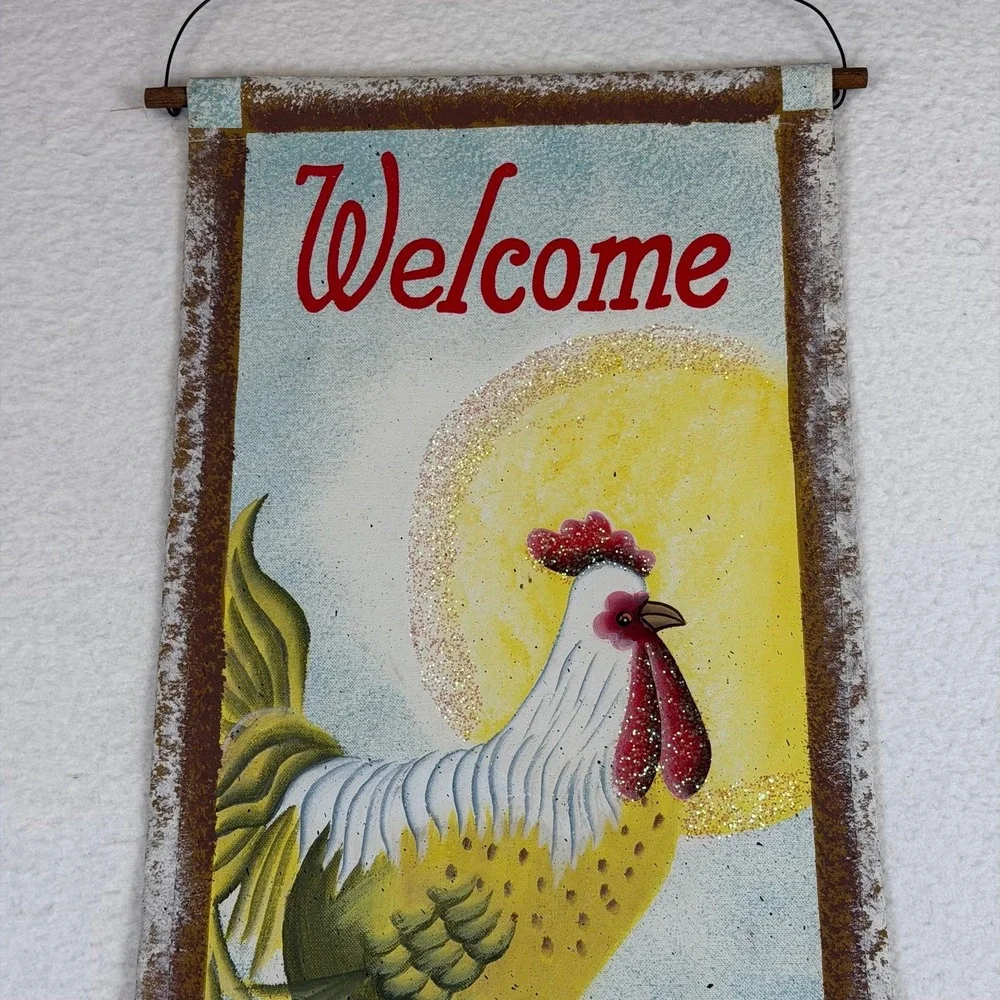 Rustic Rooster Welcome Canvas Wall Hanging Sunflower Farmhouse Decor 12x29